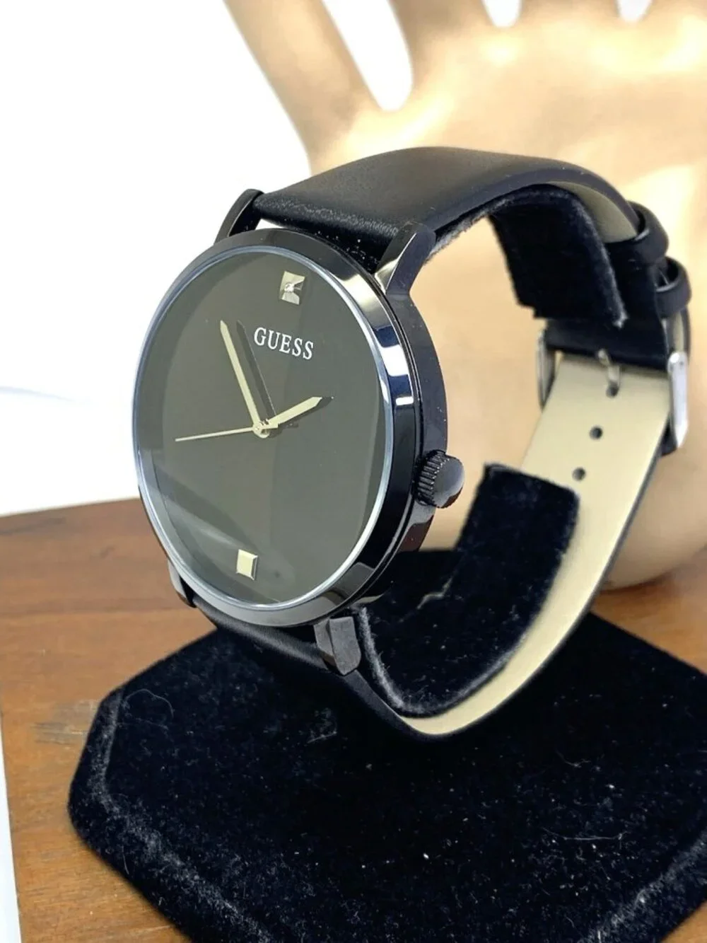 Guess Men's Watch U1315G3 Quartz Black Dial Stainless Steel Leather Strap 44mm